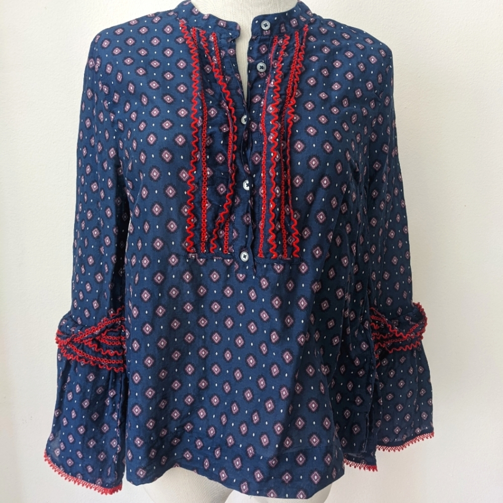 J Crew Block Print Boho Foulard Embroidered Peasant Blouse Top Bell Sleeves Silk